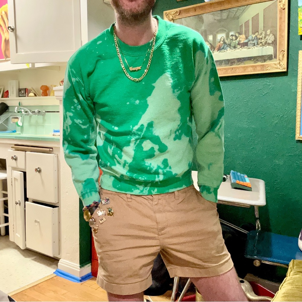 Vintage bleach dyed green sweatshirt size small boho artist chic